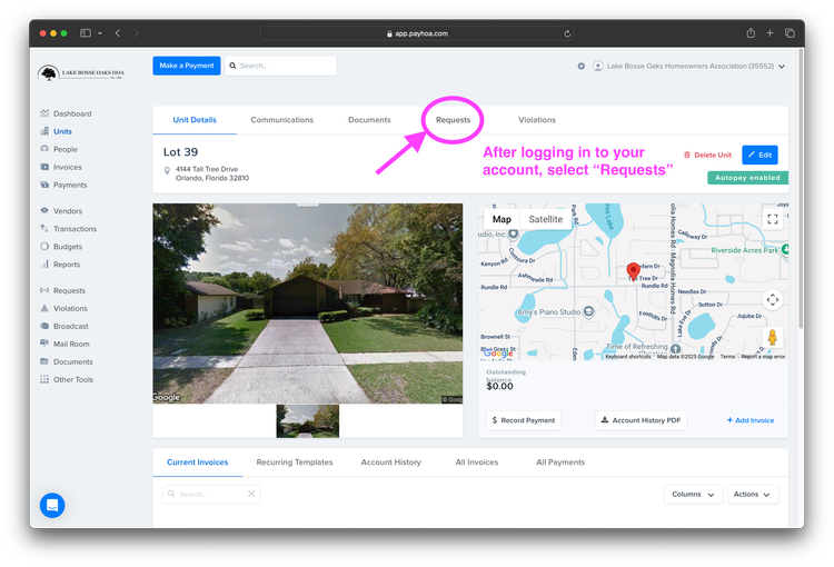 PayHOA dashboard — select Requests