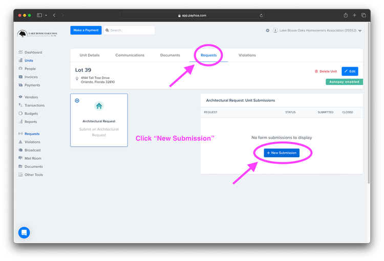 PayHOA Requests tab